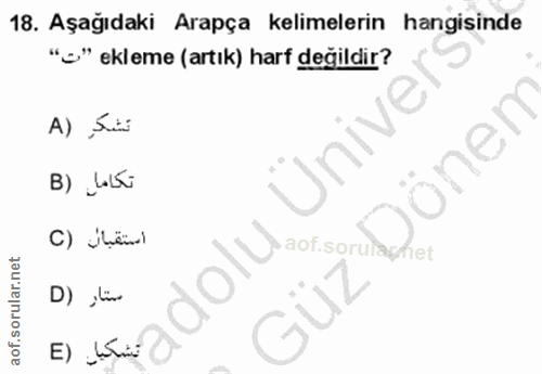 18. soru: Aşağıdaki Arapça kelimelerin hangisinde "=" ekleme (artık) harf degildir? A) Sui Ünive önem B) LL5 استقبان (C dolandi…