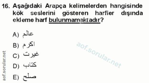 16. soru: Aşağıdaki Arapça kelimelerden hangisinde kök seslerini gösteren harfler dışında ekleme harf bulunmamaktadır? A) alla…