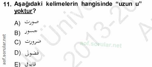 11. soru: Aşağıdaki kelimelerin hangisinde "uzun u" yoktur? صورت (A جسور (B ضرورت (C of.sörular.net D) Lgisi قابوق (E