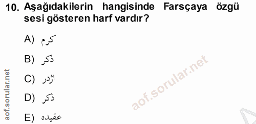 10. soru: Aşağıdakilerin hangisinde Farsçaya özgü sesi gösteren harf vardır? A) e5 B) Ss اردر (C D) Ss E) abéc