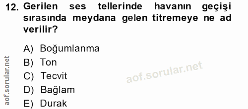 12. soru: Gerilen ses tellerinde havanın geçişi sırasında meydana gelen titremeye ne ad verilir? A) Boğumlanma B) Ton C) Tecvit…