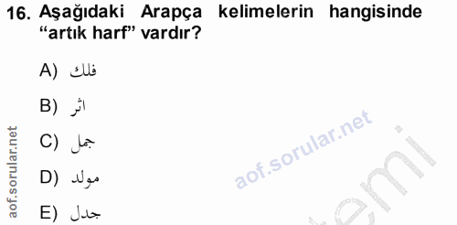 16. soru: Aşağıdaki Arapça kelimelerin hangisinde "artık harf" vardır? A) Sb B) . C) جمل 3, D) Ves E) J