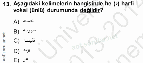 13. soru: Aşağıdaki kelimelerin hangisinde he (°) harfi vokal (ünlü) durumunda değildir? A) حسته B) سورسه بقيصه (C D) y E)