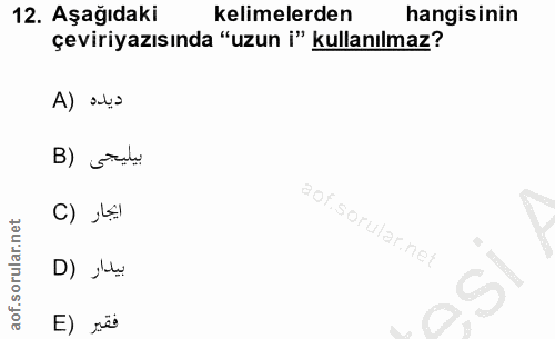 12. soru: Aşağıdaki kelimelerden hangisinin çeviriyazısında "uzun i" kullanılmaz? B) gritu C) 4 D) j'a E) rë