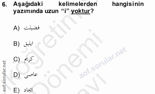 6. soru: Aşağıdaki kelimelerden hangisinin yazımında uzun "j" Yoktur? A) cilisi ايليق (B C) كريم onem D) sola E)