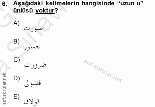 6. soru: Aşağıdaki kelimelerin hangisinde "uzun u" ünlüsü yoktur? A) B) C) D) brisi E)
