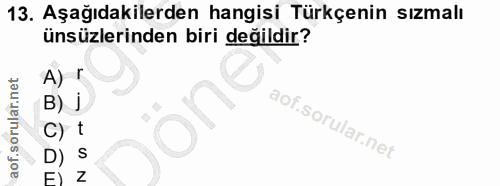 13. soru: Aşağıdakilerden hangisi Türkçenin sızmalı ünsüzlerinden biri değildir? A) r B) j S F) Z