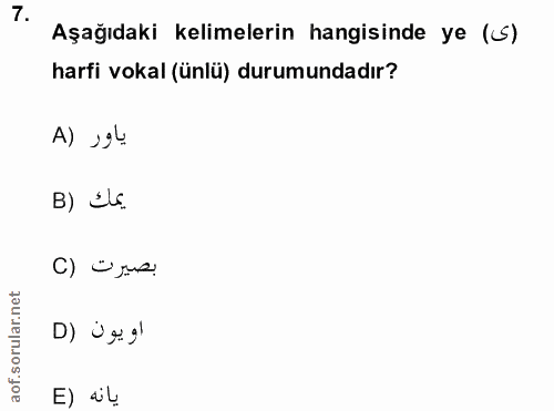 7. soru: Aşağıdaki kelimelerin hangisinde ye (s) harfi vokal (ünlü) durumundadır? A) 194 B) IC. C) Öjs E) ¿u