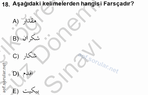 18. soru: Aşağıdaki kelimelerden hangisi Farsçadır? A) dönen مقدار B) c) ‚Lü D) قدم E)