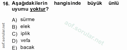 16. soru: Aşağıdakilerin hangisinde büyük ünlü uyumu yoktur? A) sürme B) elek C) iplik D) vefa E) bacak