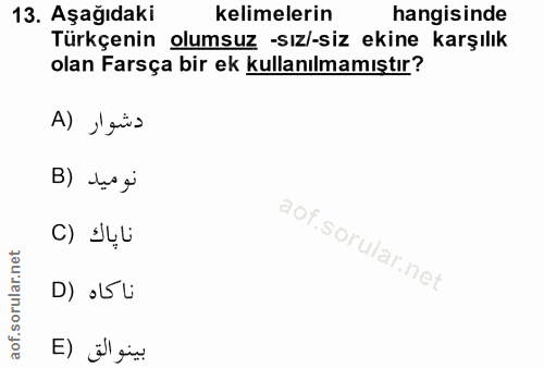 13. soru: Aşağıdaki kelimelerin hangisinde Türkçenin olumsuz -sız/-siz ekine karşılık olan Farsça bir ek kullanılmamıştır? دشوا…