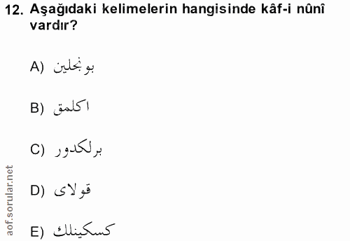 12. soru: Aşağıdaki kelimelerin hangisinde kâf-i nûnî vardır? بونجلين (A B) äal5) برلكدور (C قولاى (D كسكينلك (E