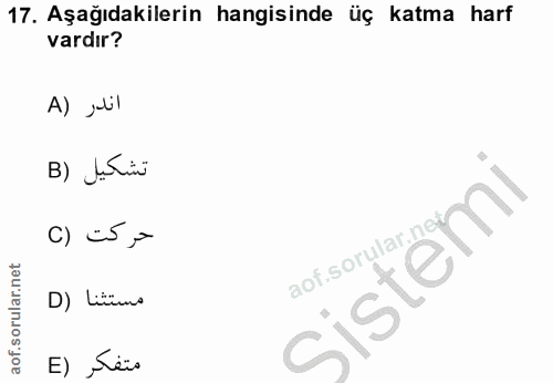 17. soru: Aşağıdakilerin hangisinde üç katma harf vardır? A) „ll تشكيل (B () =5,- Sistemi lar.n مستثنا (D متفكر (E