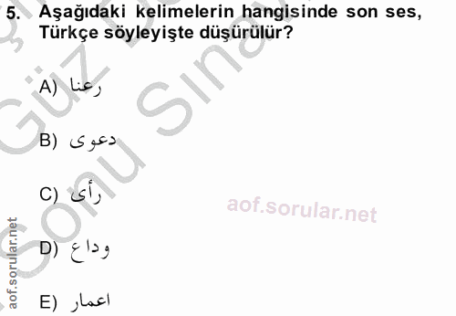 5. soru: Aşağıdaki kelimelerin hangisinde son ses, Türkçe söyleyişte düşürülür? A) Lis, B) Secs c) si, D) E'g E) Ilacl