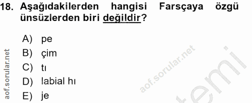 18. soru: Aşağıdakilerden hangisi Farsçaya özgü ünsüzlerden biri değildir? A) pe B) çım C) ti D) labial hi E) je