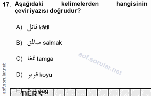 17. soru: Aşağıdaki kelimelerden hangisinin çeviriyazısı doğrudur? A) Lt kâtil B) ille salmak C) Lei tamga D) șigi koyu Enela dağ