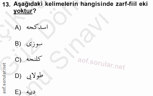 13. soru: Aşağıdaki kelimelerin hangisinde zarf-fiil eki yoktur? اسدكجه (A Sinav B) Sjgu C) srils D) L Yęb E) dus