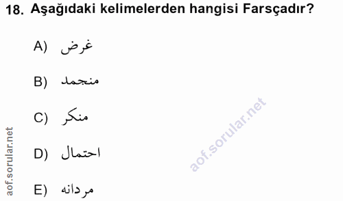 18. soru: Aşağıdaki kelimelerden hangisi Farsçadır? A) je,s B) laris c) Sia D) Jaï-l مردانه (E