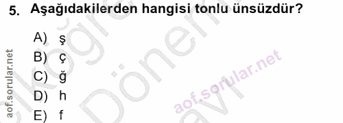 5. soru: Aşağıdakilerden hangisi tonlu ünsüzdür? A) one g h E) fl