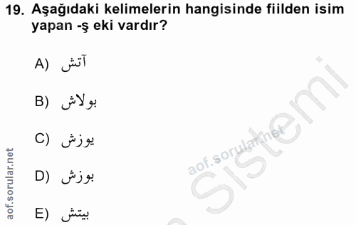 19. soru: Aşağıdaki kelimelerin hangisinde fiilden isim yapan -ş eki vardır? A) jül B) JY g: aof sorularine@ D) vªj* E) iwo