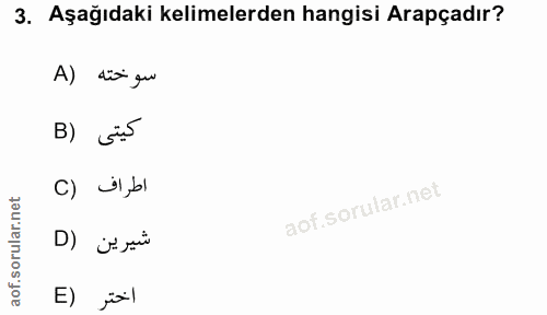 3. soru: Aşağıdaki kelimelerden hangisi Arapçadır? A) düžgu B) Gis اطراف (C شيرين (D اختر (E