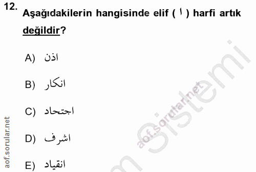 12. soru: Aşağıdakilerin hangisinde elif ( ') harfi artık değildir? A) usl B) ,bul اجتحاد (C انقياد (E