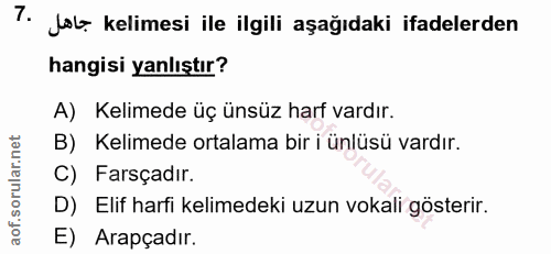 7. soru: Job- kelimesi ile ilgili aşağıdaki ifadelerden hangisi yanlıştır? A) Kelimede üç ünsüz harf vardır. B) Kelimede ortal…