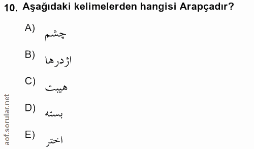 10. soru: Aşağıdaki kelimelerden hangisi Arapçadır? B) Lo , s jl C) D) din E)