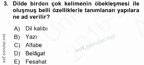 3. soru: Dilde birden çok kelimenin öbekleşmesi ile oluşmuş belli özelliklerle tanımlanan yapılara ne ad verilir? A) Dil kalıb…