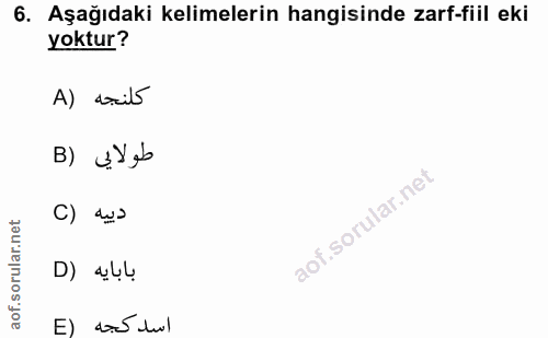 6. soru: Aşağıdaki kelimelerin hangisinde zarf-fiil eki yoktur? A) drils B) „Yeb C) sus بابايه (D E) 455 lul