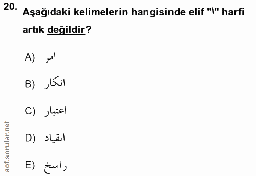 20. soru: Aşağıdaki kelimelerin hangisinde elif *'' harfi artık değildir? A) Jol B) ,Lil C) hücl D) ›këil E) jul,