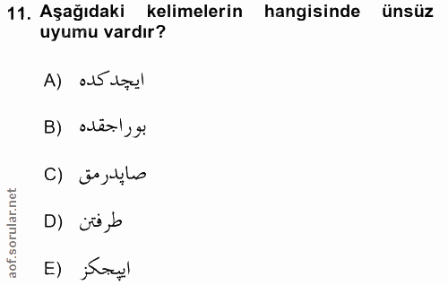 11. soru: Aşağıdaki kelimelerin hangisinde ünsüz uyumu vardır? A) a5 o! بور اجقده (B صايدر مق (C D) jü ,b E) ¡tru!
