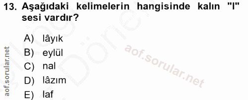 13. soru: Aşağıdaki kelimelerin hangisinde kalın "j" sesi vardır? A) lâyık B) eylül C) nal D) lâzım E) laf
