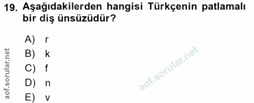 19. soru: Aşağıdakilerden hangisi Türkçenin patlamalı bir diş ünsüzüdür? A) B) k C) f D) E)