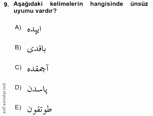 9. soru: Aşağıdaki kelimelerin hangisinde ünsüz uyumu vardır? A) اييده B\ Söl آجمقده (C پاسدن (D طوتقون (E