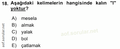 18. soru: Aşağıdaki kelimelerin hangisinde kalın "'" yoktur? A) mesela B) almak C) yalak D) bol aof. E) çatlamak