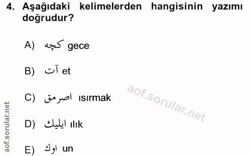 4. soru: Aşağıdaki kelimelerden hangisinin yazımı doğrudur? A) dos gece B) ül et C) üsupl ısırmak D) Élı! ılık E) Jgl un