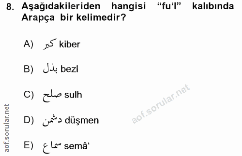 8. soru: Aşağıdakileriden hangisi "fu'l" kalıbında Arapça bir kelimedir? A) J5 kiber B) Ju bezl c) zeho sulh D) ji düşmen E) ¿…
