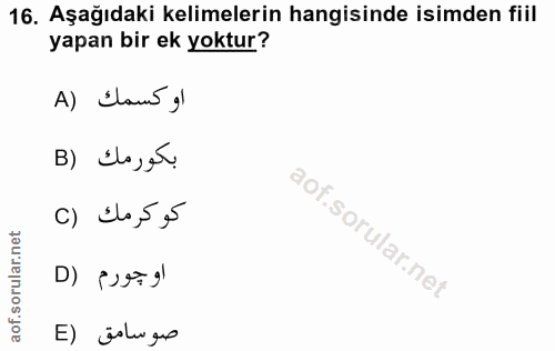 16. soru: Aşağıdaki kelimelerin hangisinde isimden fiil yapan bir ek yoktur? A) Elam gl B) Els,er c) Ila,5,5 اوجورم (D E) ästugo