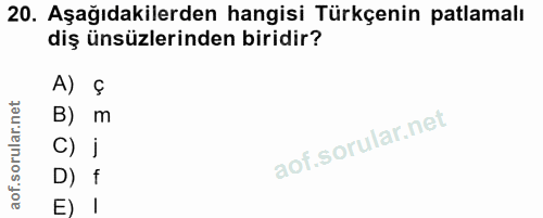 20. soru: Aşağıdakilerden hangisi Türkçenin patlamalı diş ünsüzlerinden biridir? A) Ç B) m C) i D) f E) I