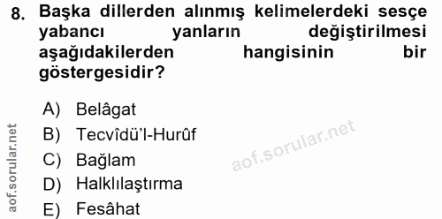 8. soru: Başka dillerden alınmış kelimelerdeki sesçe yabancı yanların değiştirilmesi aşağıdakilerden hangisinin bir göstergesi…