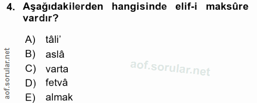 4. soru: Aşağıdakilerden hangisinde elif-i maksûre vardır? A) tâli* aslâ C) varta D) fetvâ E) almak