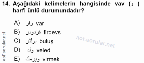 14. soru: Aşağıdaki kelimelerin hangisinde vav (s ) harfi ünlü durumundadır? A) J'9 var B) ugji firdevs C) بولش bulus D) I, vel…