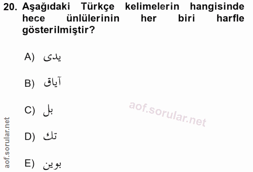 20. soru: Aşağıdaki Türkçe kelimelerin hangisinde hece ünlülerinin her biri harfle gösterilmiştir? A) Sl C) J. D) It
