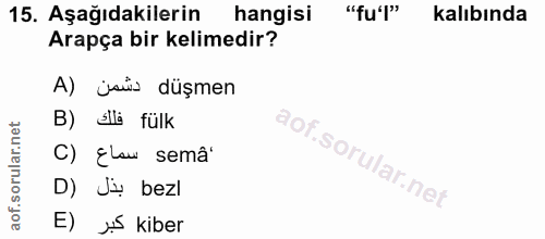 15. soru: Aşağıdakilerin hangisi "fu'l" kalıbında Arapça bir kelimedir? A) jaù düşmen B) Elli fülk C) ¿law semâ' D) Ji bezl E)…