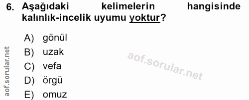 6. soru: AşağıdakiR kelimelerin hangisinde kalınlık-incelik uyumu yoktur? A) gönül B) uzak C) vefa D) örgü E) omuz