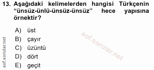 13. soru: Aşağıdaki kelimelerden hangisi Türkçenin "ünsüz-ünlü-ünsüz-ünsüz" hece yapısına örnektir? A) üst B) çayır C) üzüntü D…