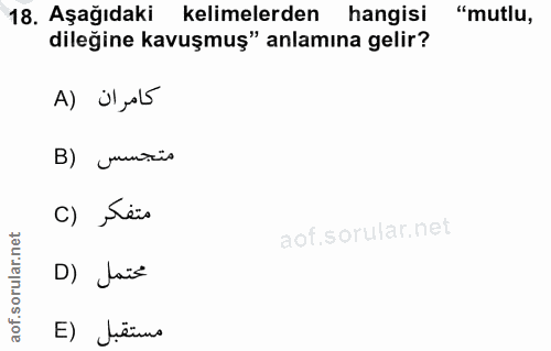18. soru: Aşağıdaki kelimelerden hangisi "mutlu, dileğine kavuşmuş" anlamına gelir? A) il al5 B) junris c) ,Sës D) dais