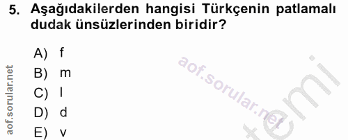 5. soru: Aşağıdakilerden hangisi Türkçenin patlamalı dudak ünsüzlerinden biridir? A) f B) m C) ! D) d E) V
