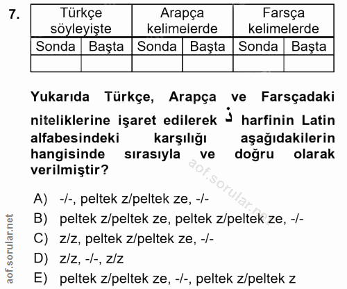 7. soru: Türkçe Arapça Farsça söyleyişte kelimelerde kelimelerde Sonda Başta Sonda | Başta Sonda Baştar Yukarıda Türkçe, Arapç…